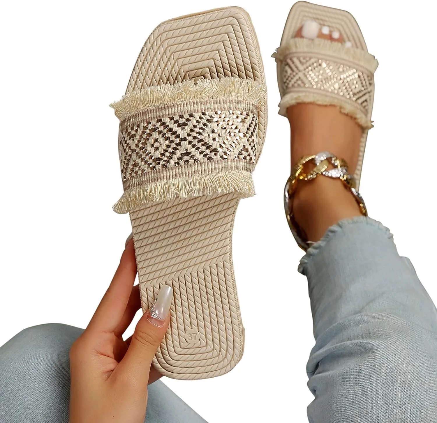 Women's Open Toe Fringe Sandals Summer Vacation Flat Slide Slip On Outdoor Boho Beach Slides Holiday Slippers
