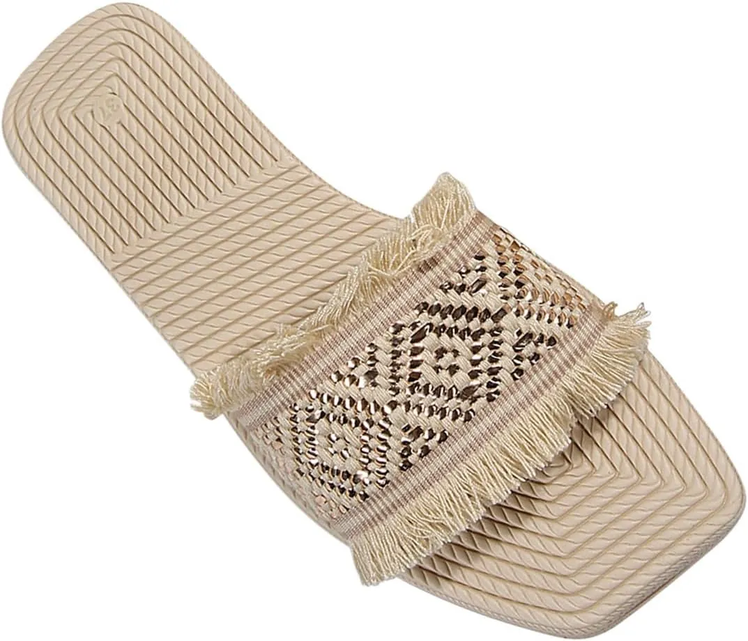 Women's Open Toe Fringe Sandals Summer Vacation Flat Slide Slip On Outdoor Boho Beach Slides Holiday Slippers