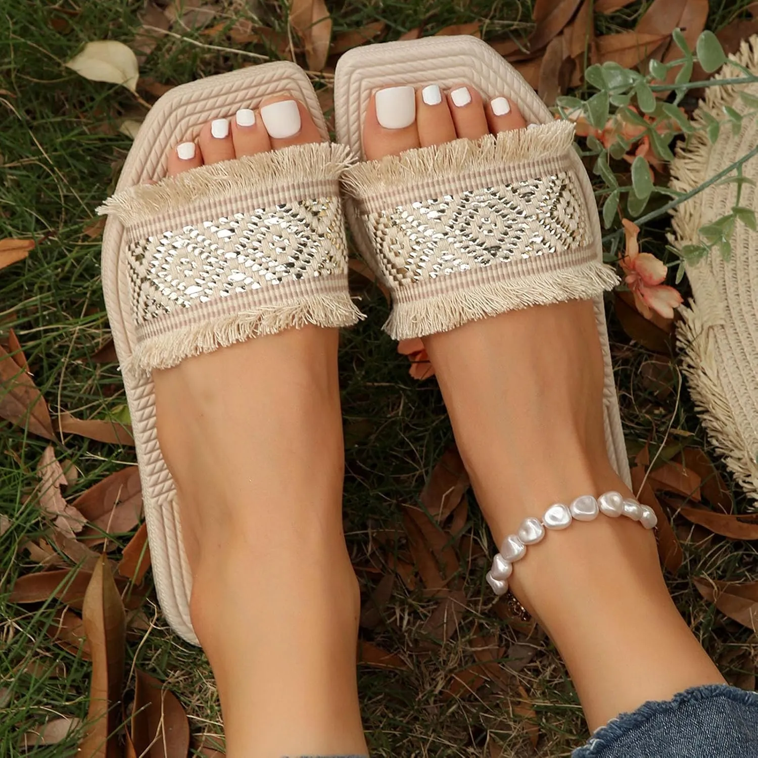 Women's Open Toe Fringe Sandals Summer Vacation Flat Slide Slip On Outdoor Boho Beach Slides Holiday Slippers