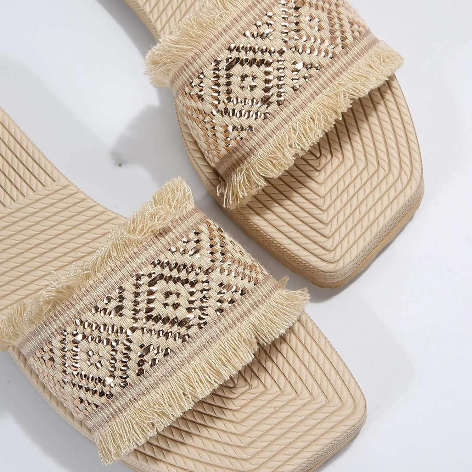 Women's Open Toe Fringe Sandals Summer Vacation Flat Slide Slip On Outdoor Boho Beach Slides Holiday Slippers