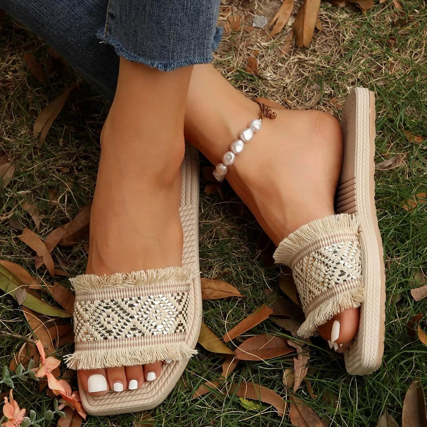 Women's Open Toe Fringe Sandals Summer Vacation Flat Slide Slip On Outdoor Boho Beach Slides Holiday Slippers