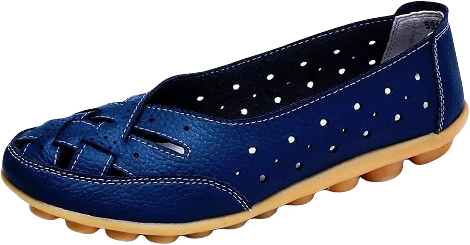 Womens Orthopedic Loafers in Breathable Leather Comfortable Hollow Soft Flats Sandals Summer Casual Slip-On Shoes