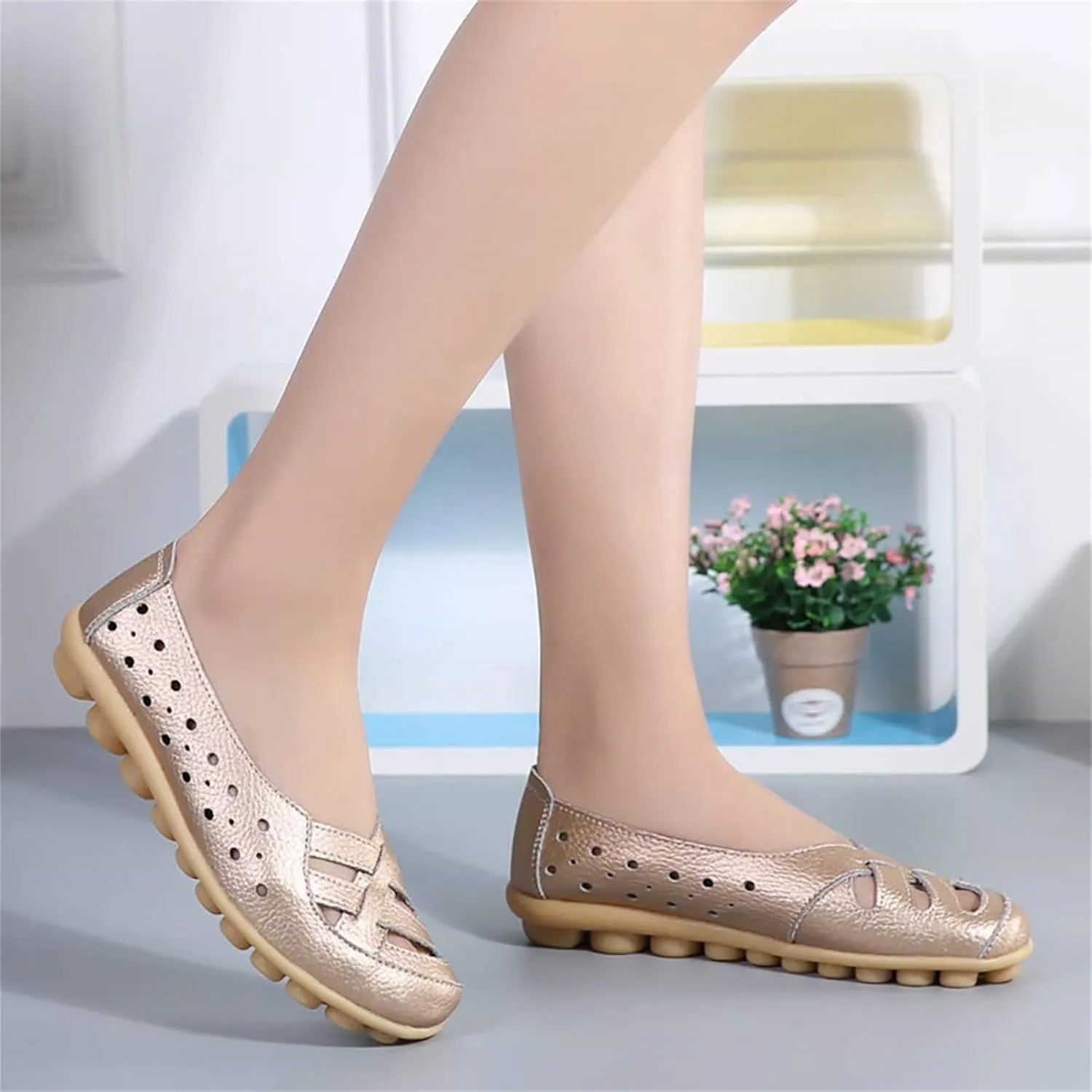 Womens Orthopedic Loafers in Breathable Leather Comfortable Hollow Soft Flats Sandals Summer Casual Slip-On Shoes