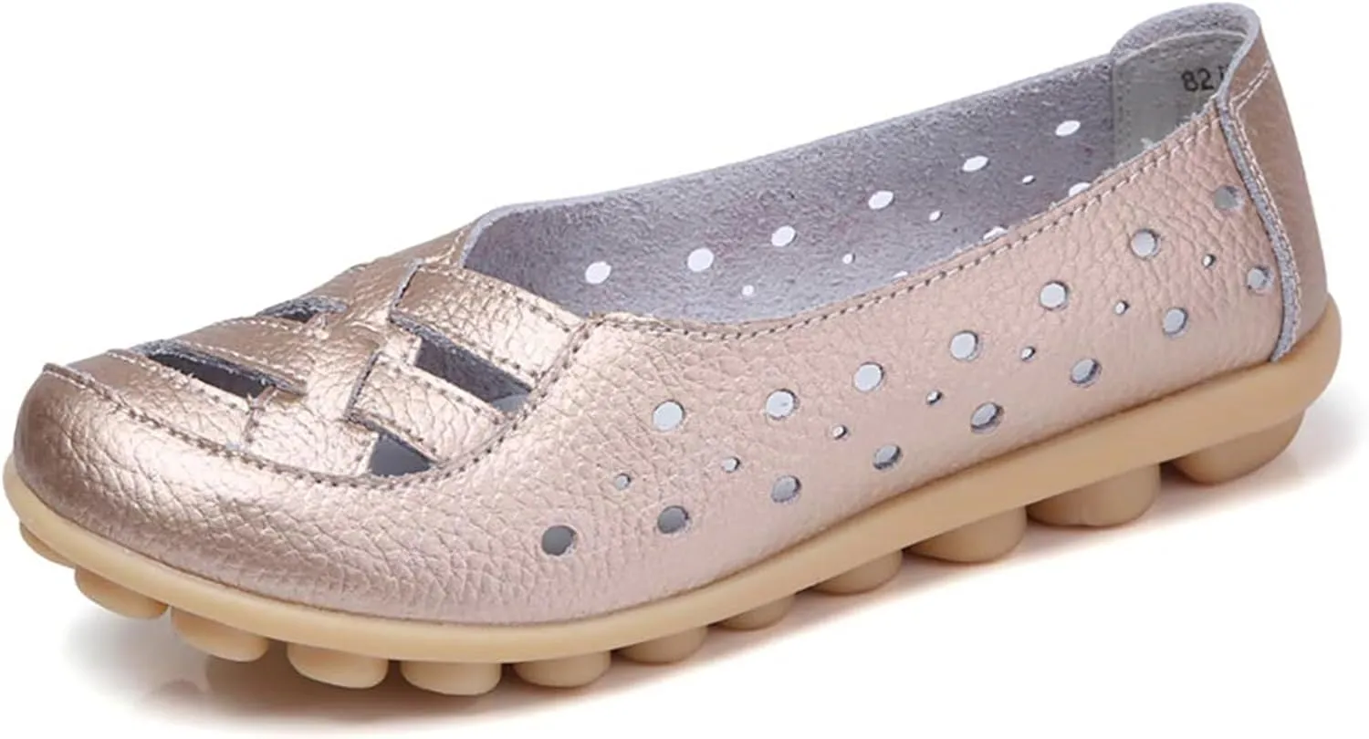 Womens Orthopedic Loafers in Breathable Leather Comfortable Hollow Soft Flats Sandals Summer Casual Slip-On Shoes