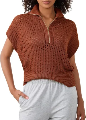 Womens Oversized Crochet Sweater Quarter Zip Cap Sleeve Tops Lightweight Hollow Out Spring Sweater Pullover Tops