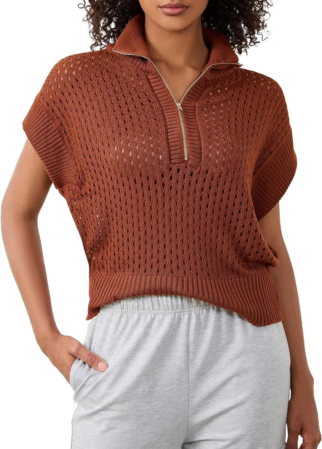 Womens Oversized Crochet Sweater Quarter Zip Cap Sleeve Tops Lightweight Hollow Out Spring Sweater Pullover Tops