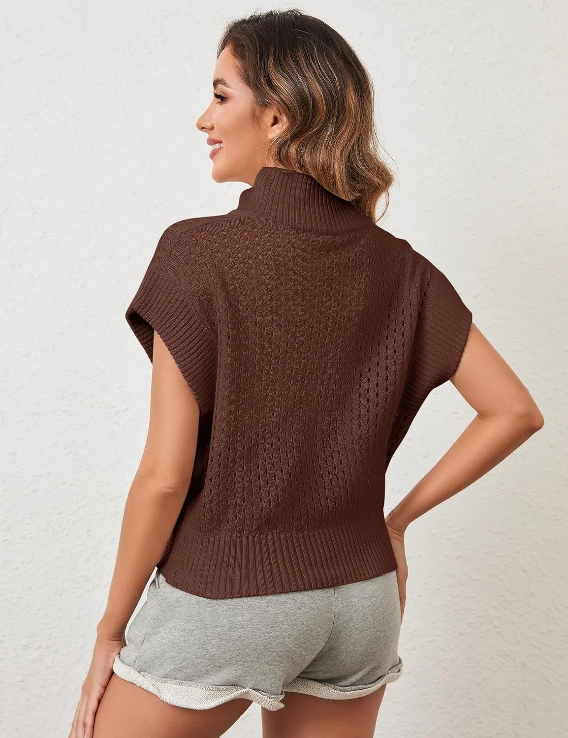Womens Oversized Crochet Sweater Quarter Zip Cap Sleeve Tops Lightweight Hollow Out Spring Sweater Pullover Tops