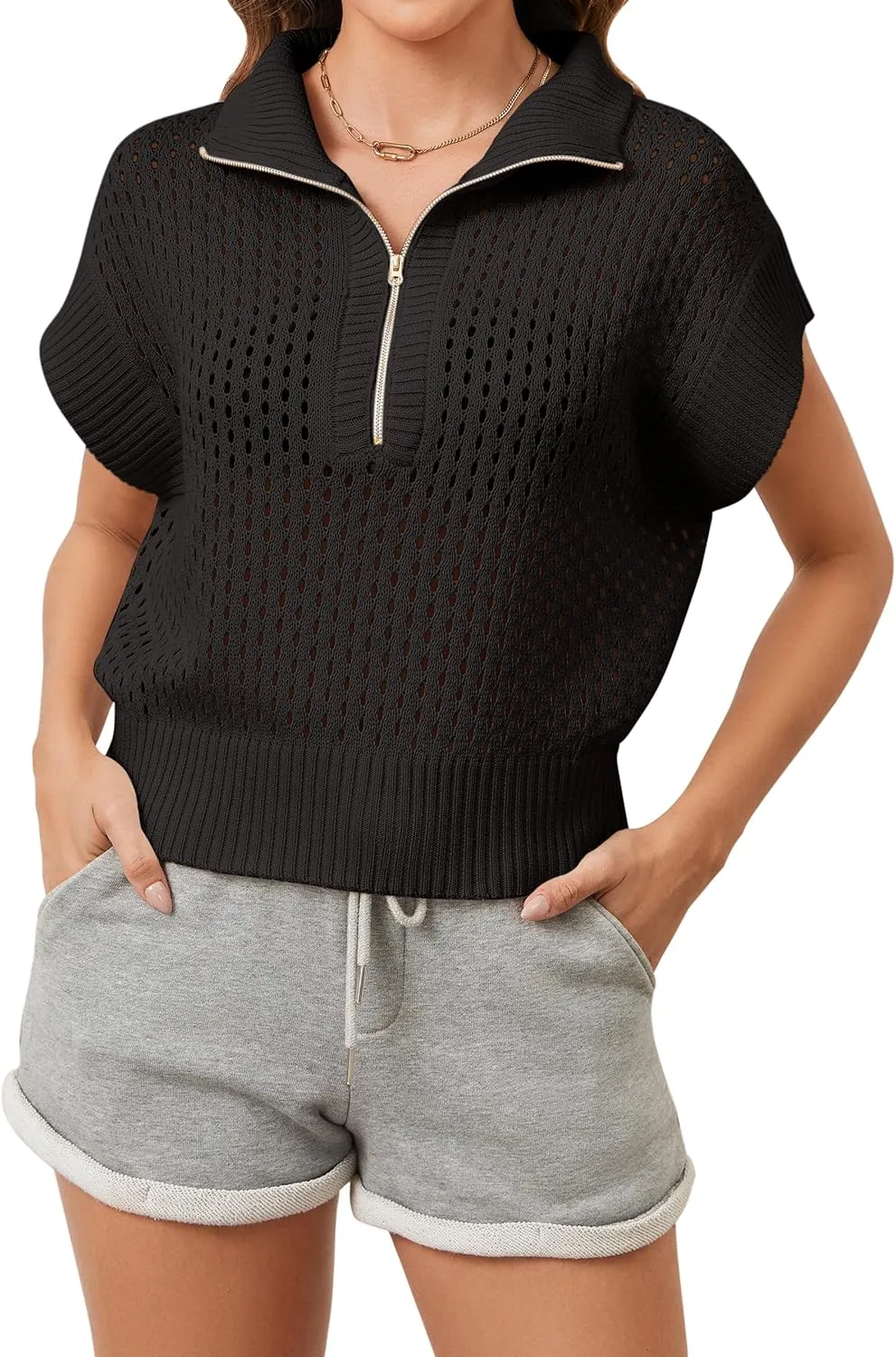Womens Oversized Crochet Sweater Quarter Zip Cap Sleeve Tops Lightweight Hollow Out Spring Sweater Pullover Tops