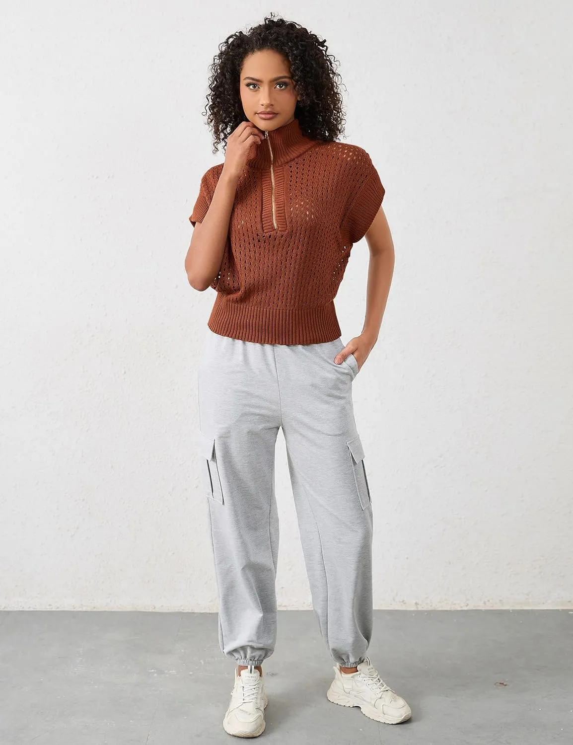 Womens Oversized Crochet Sweater Quarter Zip Cap Sleeve Tops Lightweight Hollow Out Spring Sweater Pullover Tops