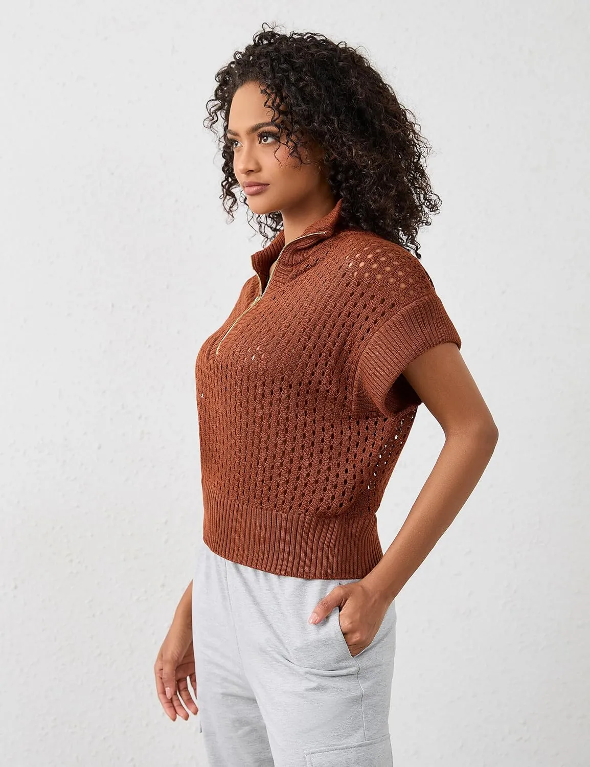 Womens Oversized Crochet Sweater Quarter Zip Cap Sleeve Tops Lightweight Hollow Out Spring Sweater Pullover Tops