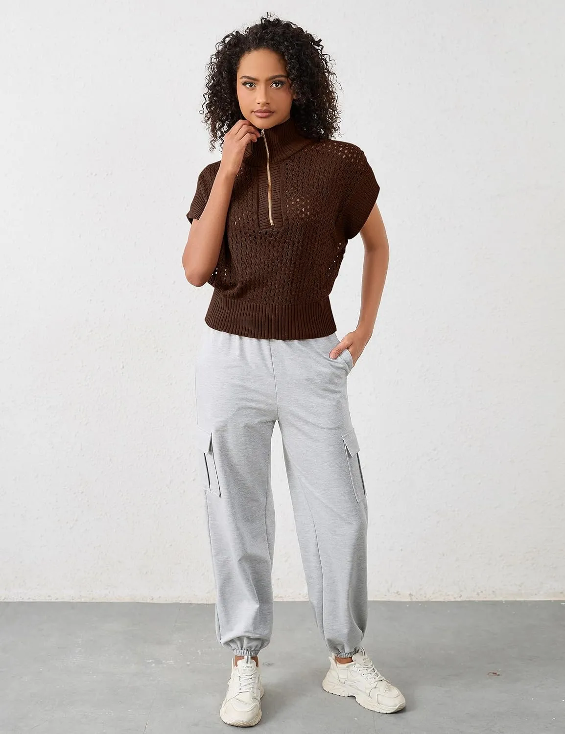 Womens Oversized Crochet Sweater Quarter Zip Cap Sleeve Tops Lightweight Hollow Out Spring Sweater Pullover Tops