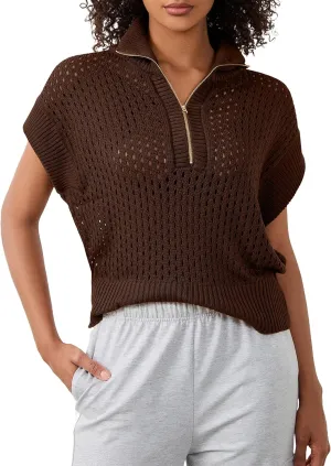 Womens Oversized Crochet Sweater Quarter Zip Cap Sleeve Tops Lightweight Hollow Out Spring Sweater Pullover Tops