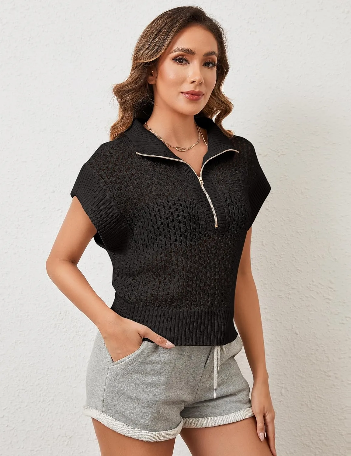 Womens Oversized Crochet Sweater Quarter Zip Cap Sleeve Tops Lightweight Hollow Out Spring Sweater Pullover Tops