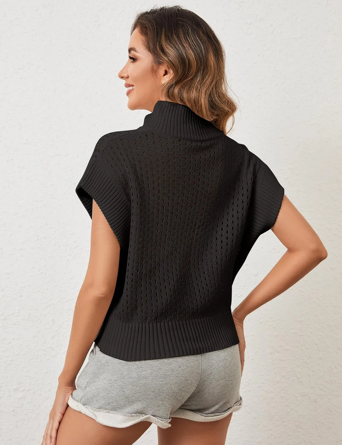 Womens Oversized Crochet Sweater Quarter Zip Cap Sleeve Tops Lightweight Hollow Out Spring Sweater Pullover Tops