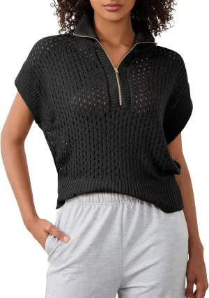 Womens Oversized Crochet Sweater Quarter Zip Cap Sleeve Tops Lightweight Hollow Out Spring Sweater Pullover Tops