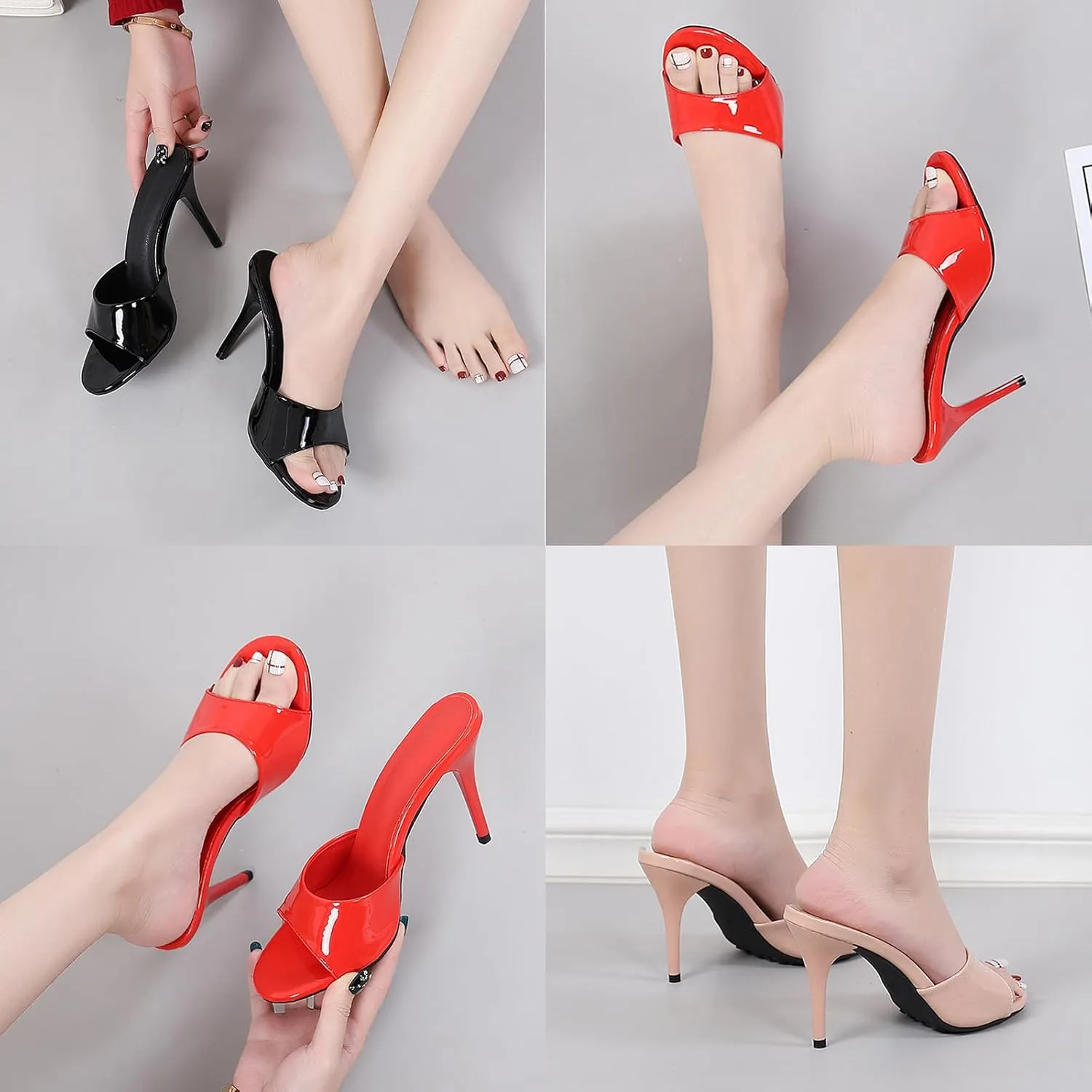 Women's Patent Leather Stiletto High Heel Sandals Round Open Toe Slip-on Sexy Wedding Prom Party Dress Slippers Sandals Grace Formal Office Business Slippers