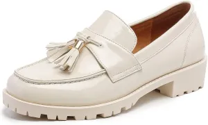 Women's Patent Leather Tassel Chunky Loafer Casual Slip On Platform Loafer Work Shoes
