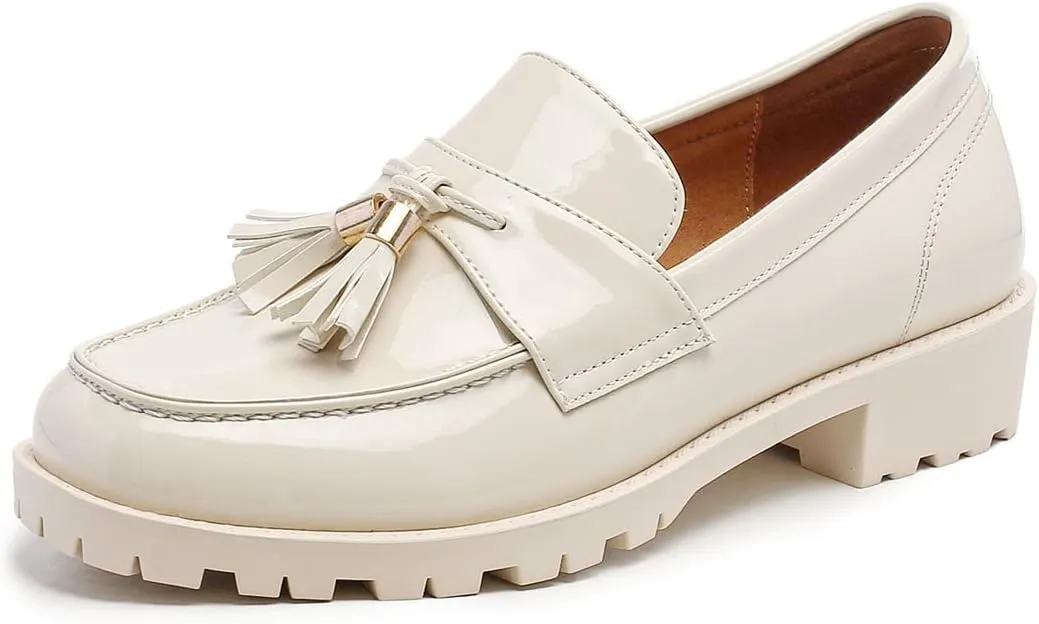 Women's Patent Leather Tassel Chunky Loafer Casual Slip On Platform Loafer Work Shoes