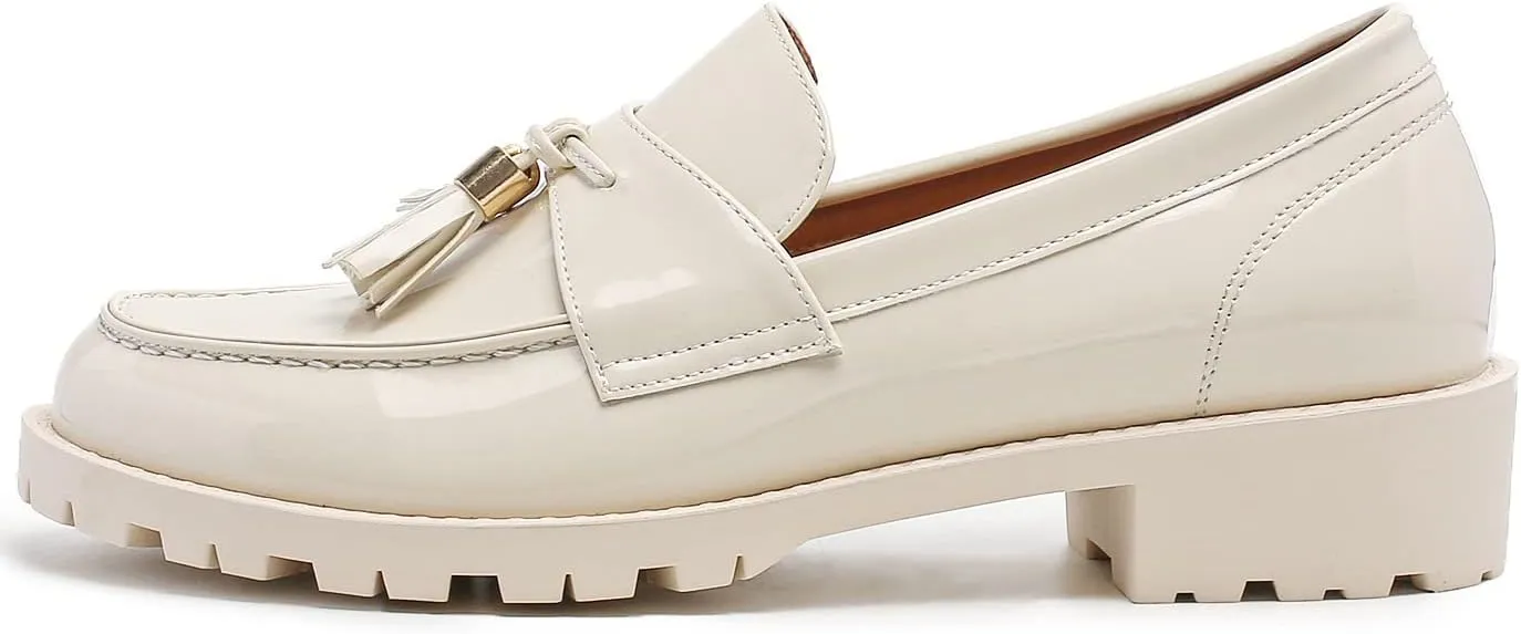 Women's Patent Leather Tassel Chunky Loafer Casual Slip On Platform Loafer Work Shoes