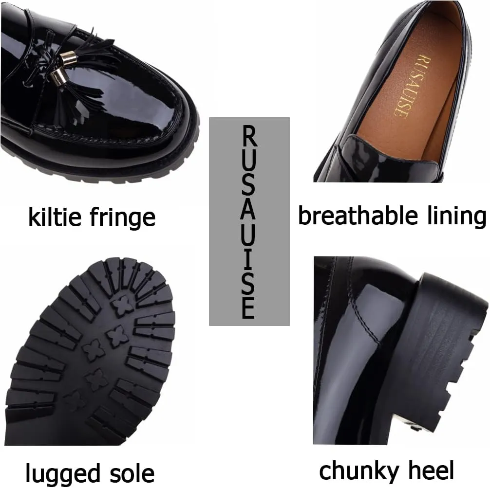 Women's Patent Leather Tassel Chunky Loafer Casual Slip On Platform Loafer Work Shoes