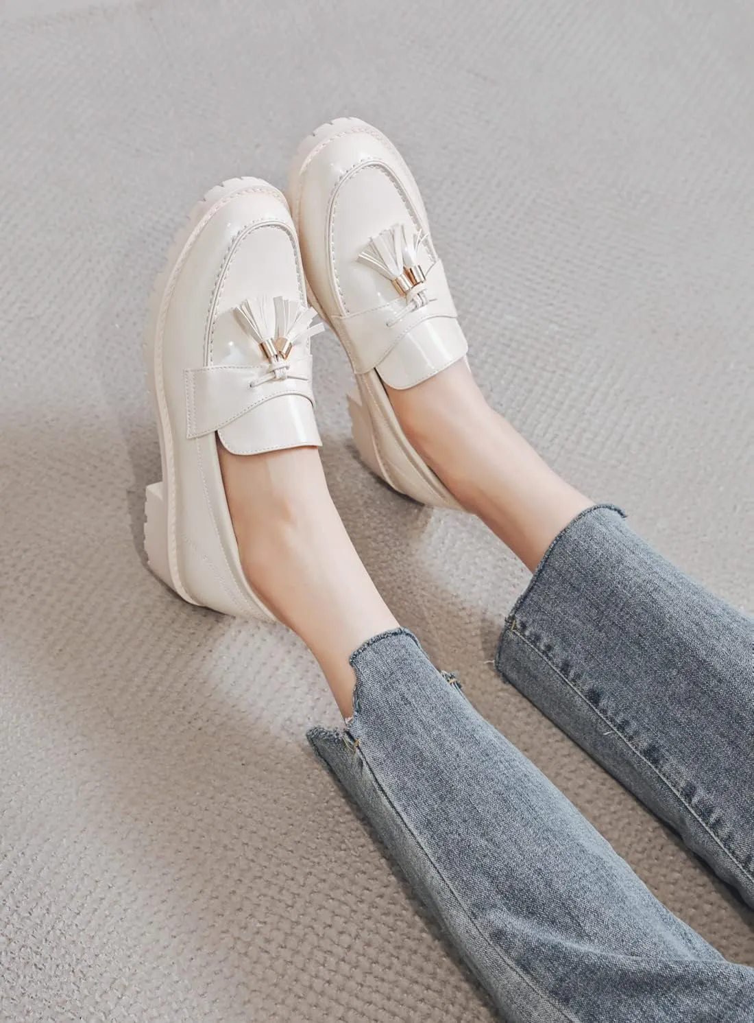 Women's Patent Leather Tassel Chunky Loafer Casual Slip On Platform Loafer Work Shoes