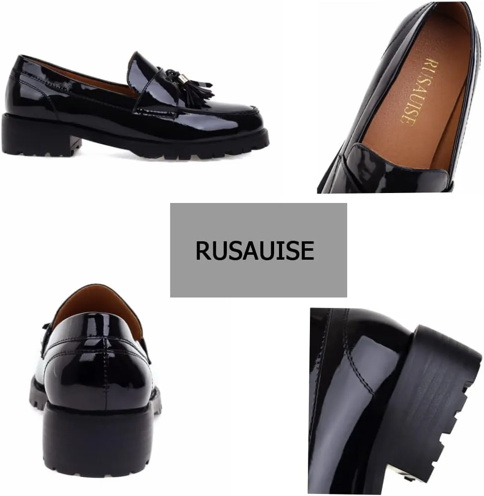 Women's Patent Leather Tassel Chunky Loafer Casual Slip On Platform Loafer Work Shoes