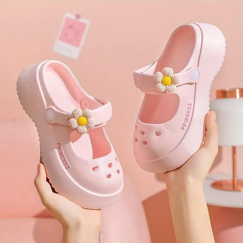 Women's Platform Clogs - Flower Cut-Out Slide Sandals for Fashionable Outdoor Beach Wear
