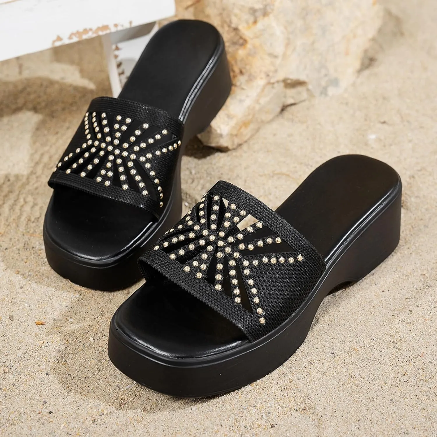 Women's Platform Wedge Sandals Slip On Peep Toe High Heel for Comfortable Casual Summer Ladies Slide Dress Mules Square Wedges Slides Chunky Heels Fabric Mule Fitted Lightweight Shoes Slipper
