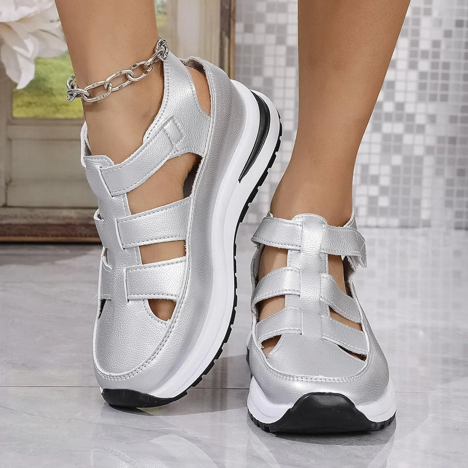 Women's Plus Size Hollow-Out Casual Sandals, Closed Toe Platform Height-Boosting Sandals Hollow Out Breathable Wedge Stylish Roman Sandal Leather Comfortable Walking Summer, Beach, Hiking Sneakers