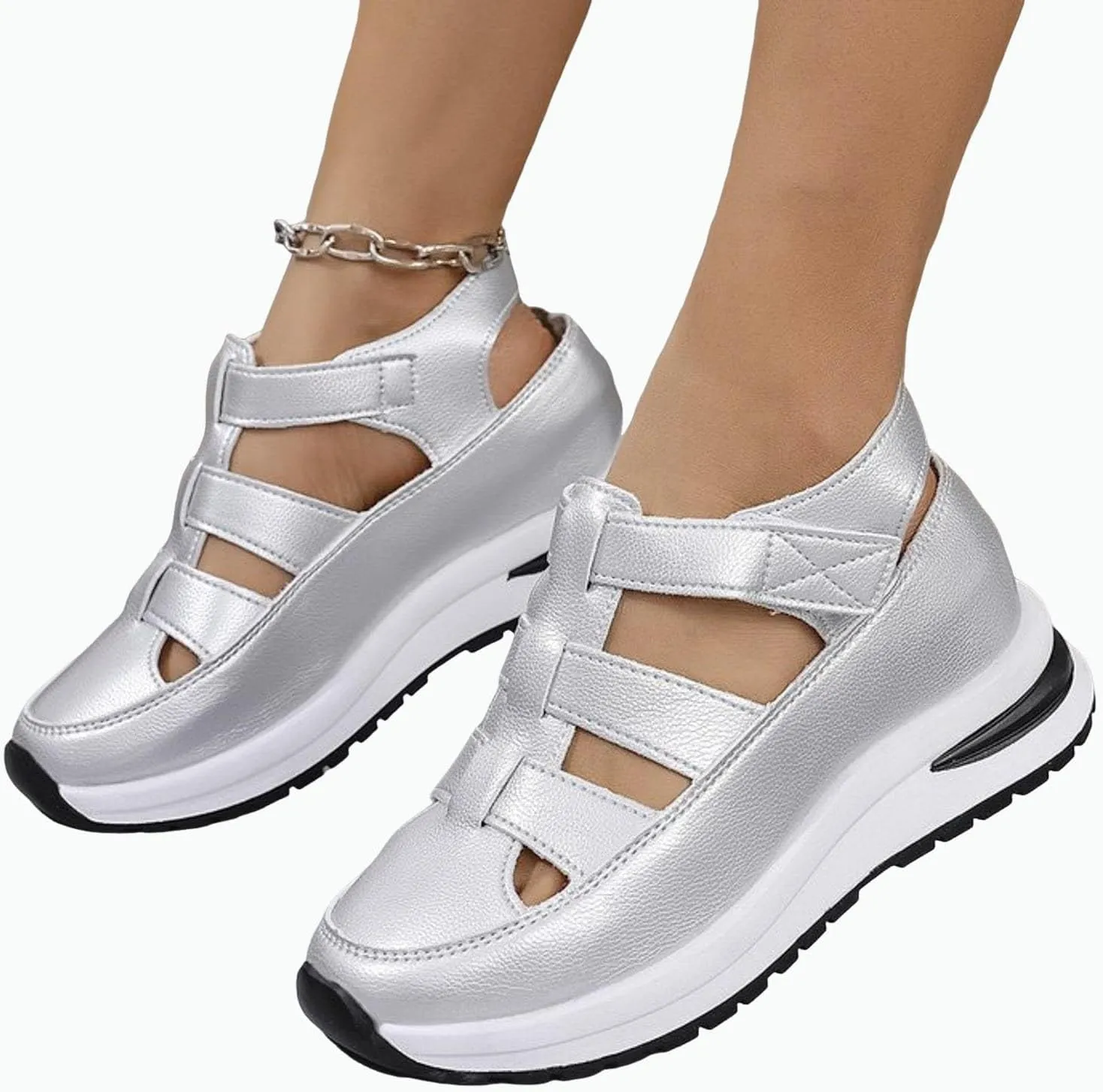 Women's Plus Size Hollow-Out Casual Sandals, Closed Toe Platform Height-Boosting Sandals Hollow Out Breathable Wedge Stylish Roman Sandal Leather Comfortable Walking Summer, Beach, Hiking Sneakers