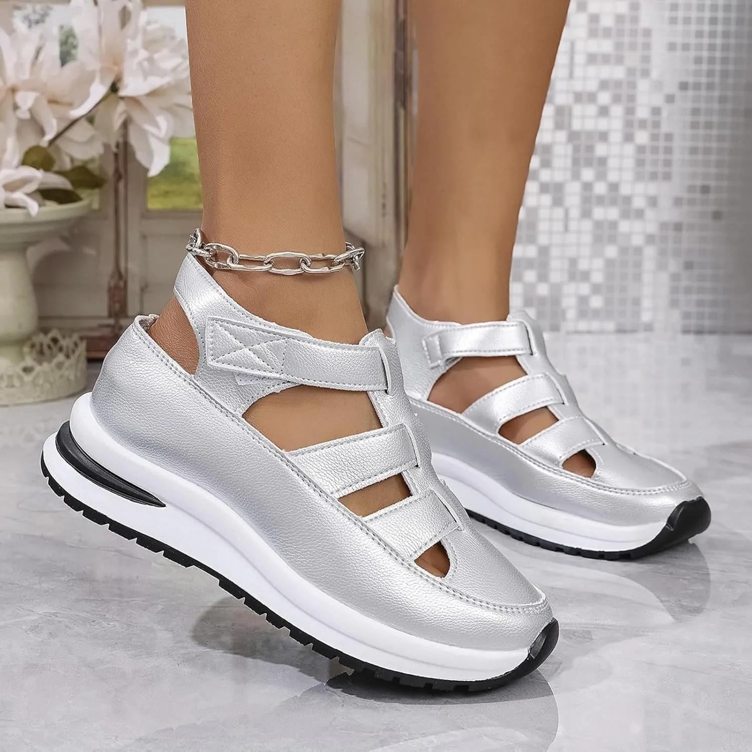Women's Plus Size Hollow-Out Casual Sandals, Closed Toe Platform Height-Boosting Sandals Hollow Out Breathable Wedge Stylish Roman Sandal Leather Comfortable Walking Summer, Beach, Hiking Sneakers