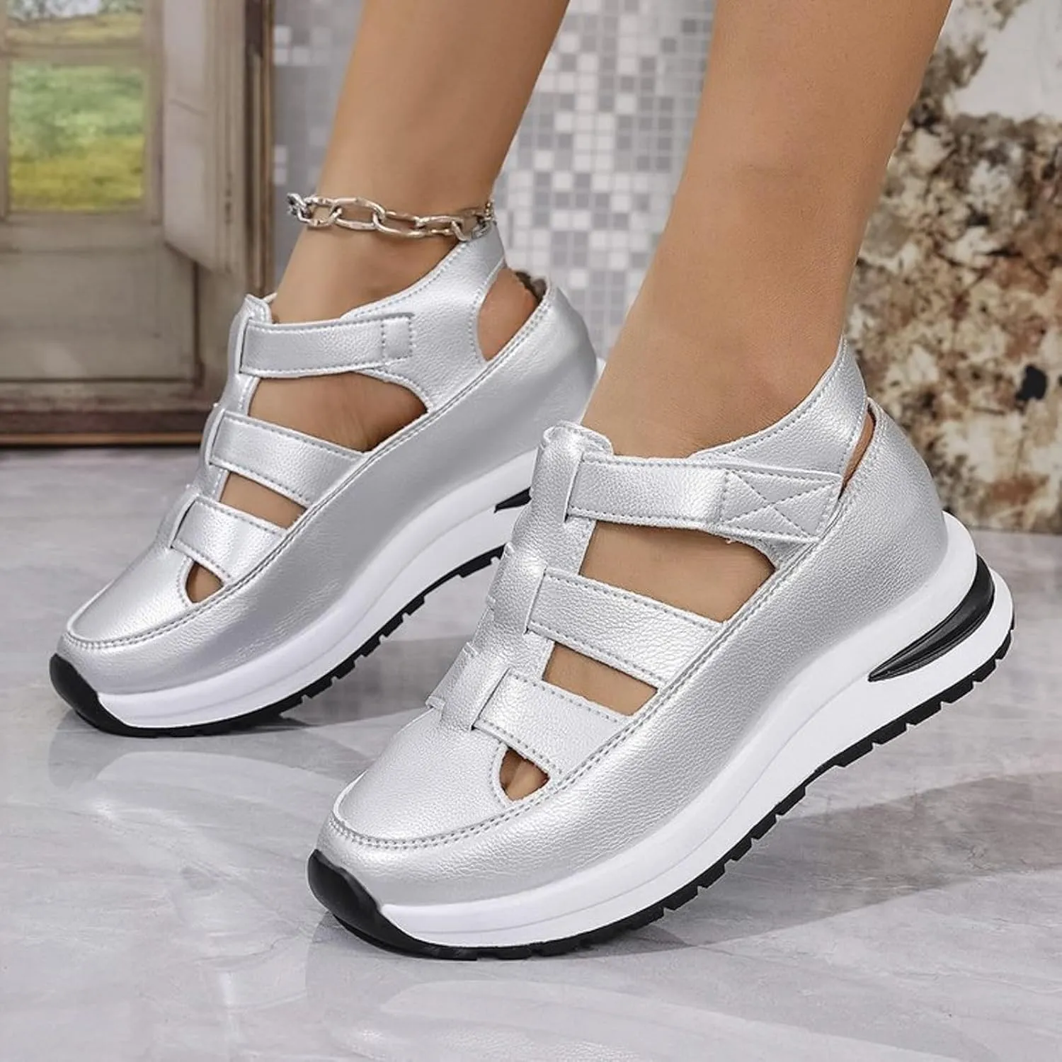 Women's Plus Size Hollow-Out Casual Sandals, Closed Toe Platform Height-Boosting Sandals Hollow Out Breathable Wedge Stylish Roman Sandal Leather Comfortable Walking Summer, Beach, Hiking Sneakers