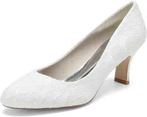 Womens Pumps Heels Comfy Kitten Heel Heeled Closed Round Toe Wedding Bridal Shoes for Bride Lace Bridesmaids Dress Shoes