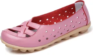Womens Sandals Fashion Flats Closed Toe Sandals Lightweight Breathable Hollow Out Sandal Comfortable Leather Loafers Cross Walking Flat Shoes Summer Slip-On Shoes