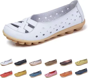 Womens Sandals Fashion Flats Closed Toe Sandals Lightweight Breathable Hollow Out Sandal Comfortable Leather Loafers Cross Walking Flat Shoes Summer Slip-On Shoes