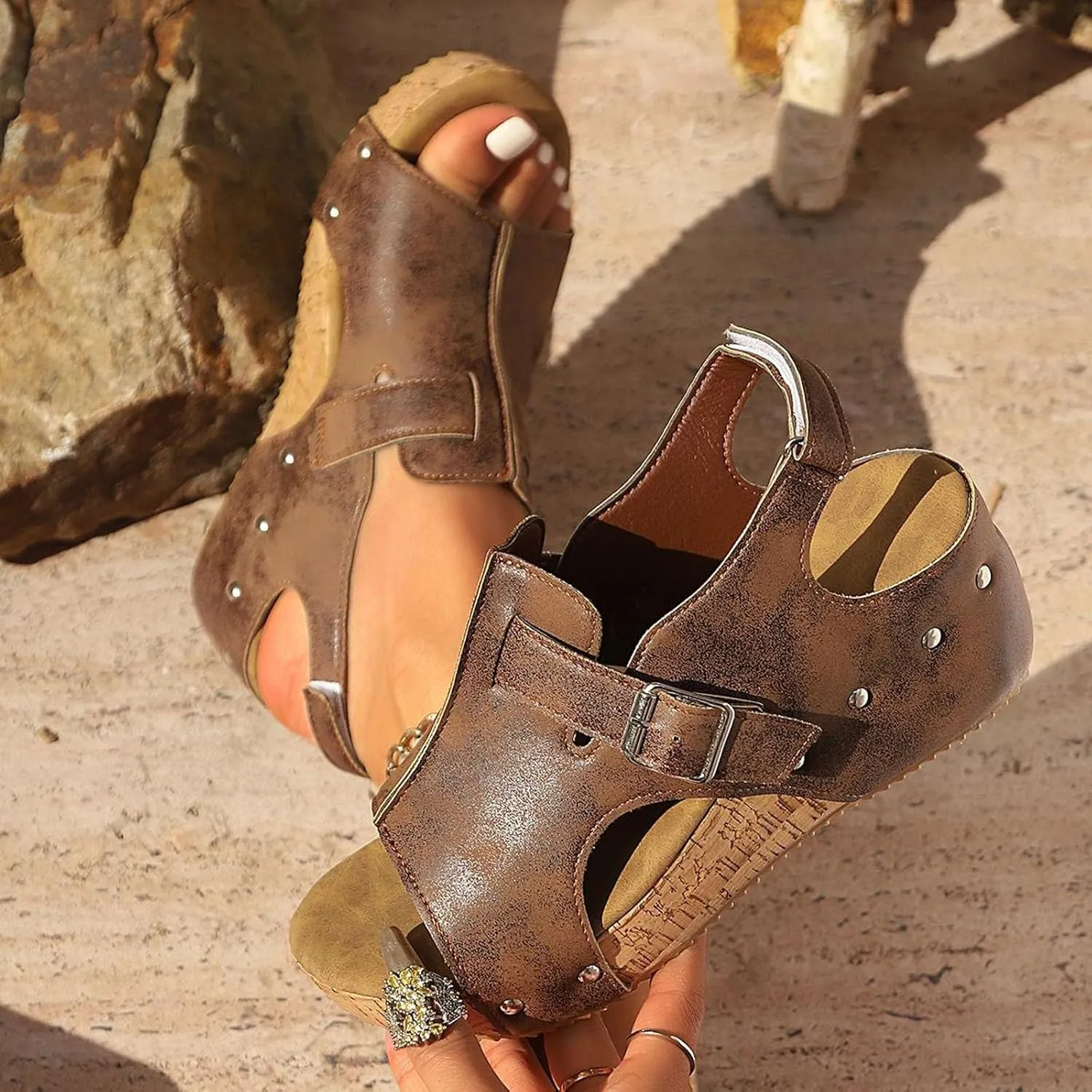 Women's Sandals Summer Beach Wedge Sandals Comfortable Platform Sandals Open Toe Buckle Ankle Strap Cork Shoes