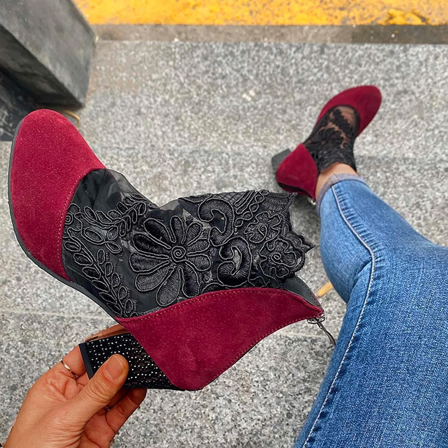 Womens Shoes Fashion Suede Dress Pump Sandal Elegant Lace Crochet Breathable Mesh High Heel Sandals