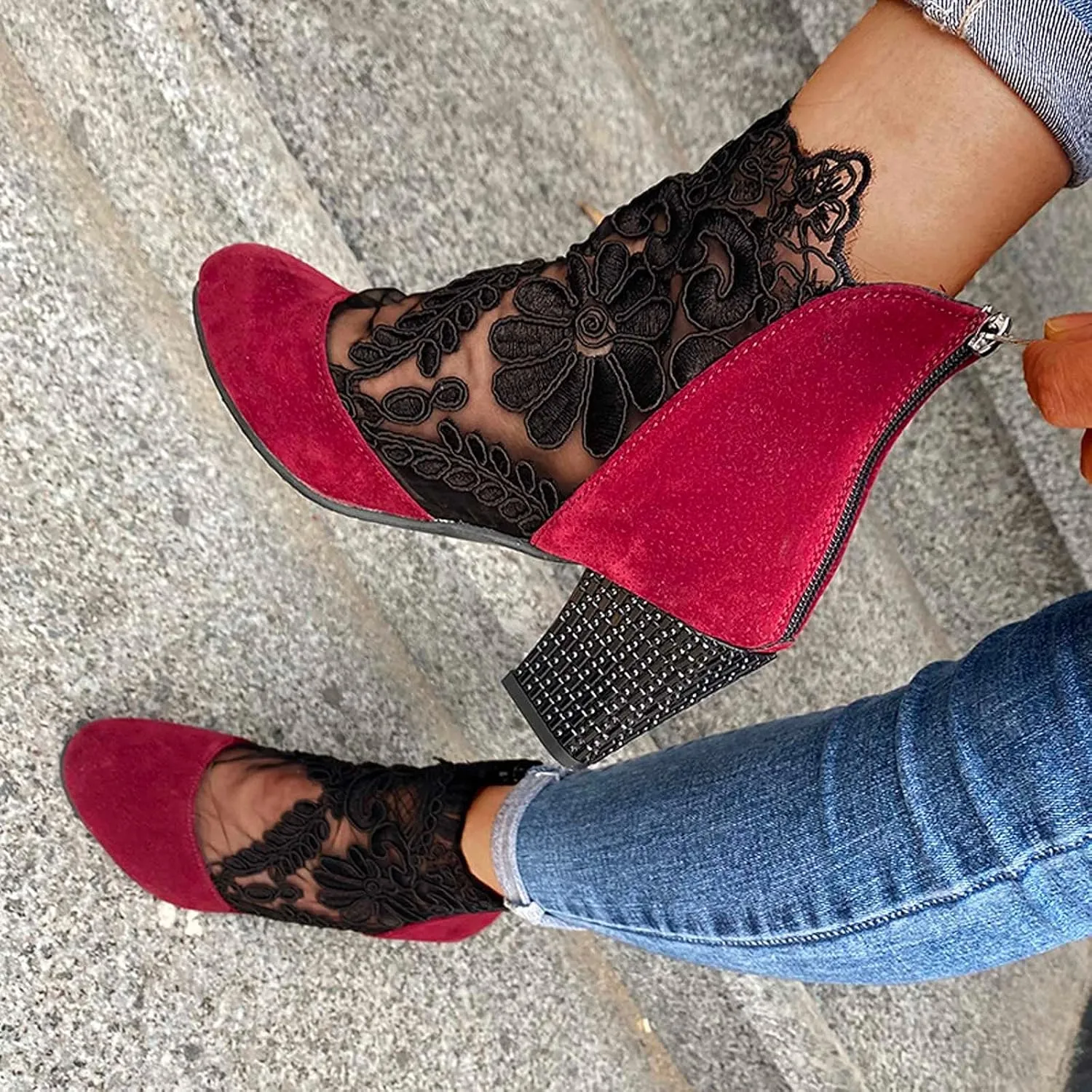 Womens Shoes Fashion Suede Dress Pump Sandal Elegant Lace Crochet Breathable Mesh High Heel Sandals
