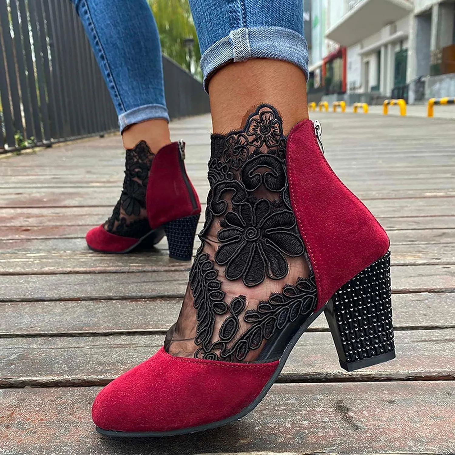Womens Shoes Fashion Suede Dress Pump Sandal Elegant Lace Crochet Breathable Mesh High Heel Sandals