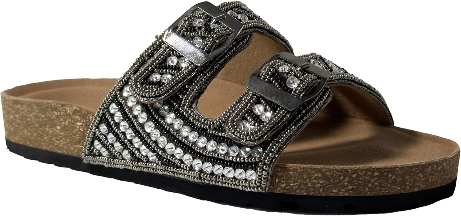 Women's Suede Cork Footbed Handmade Beaded Slide Sandal