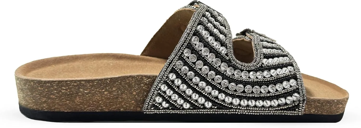 Women's Suede Cork Footbed Handmade Beaded Slide Sandal