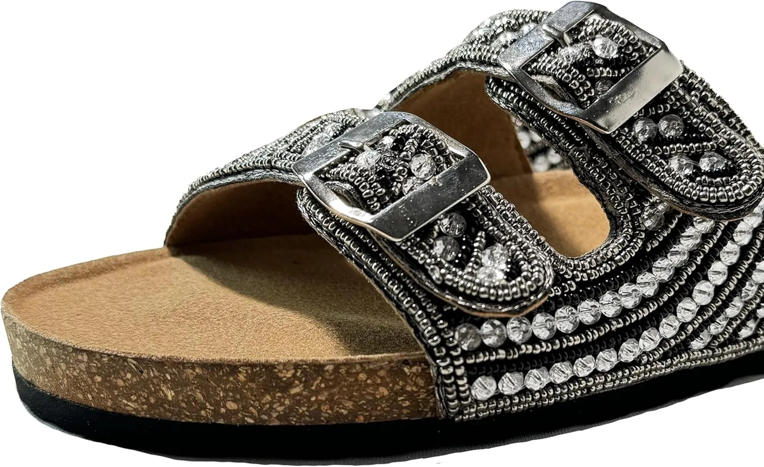 Women's Suede Cork Footbed Handmade Beaded Slide Sandal