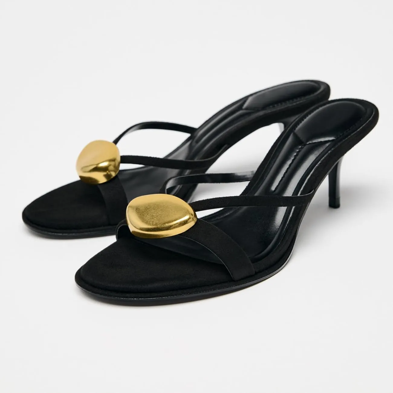 Women’s Suede Kitten Heel Mules – Open Toe Slip-On Sandals with Metallic Buckle, Backless Dress Shoes for Office, Party, or Summer Outfits