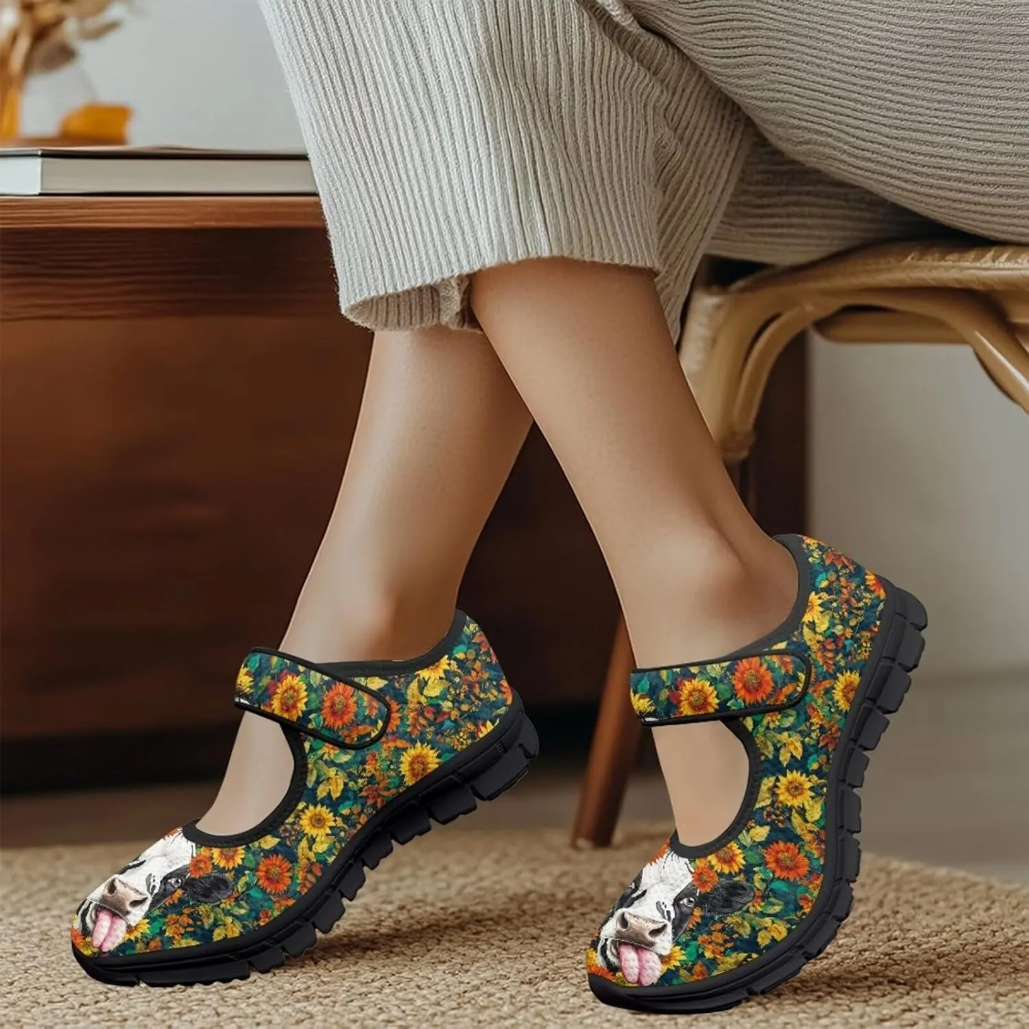 Women's Sunflower Print Mary Jane Sneaker Shoes Casual Lightweight Breathable Sneaker