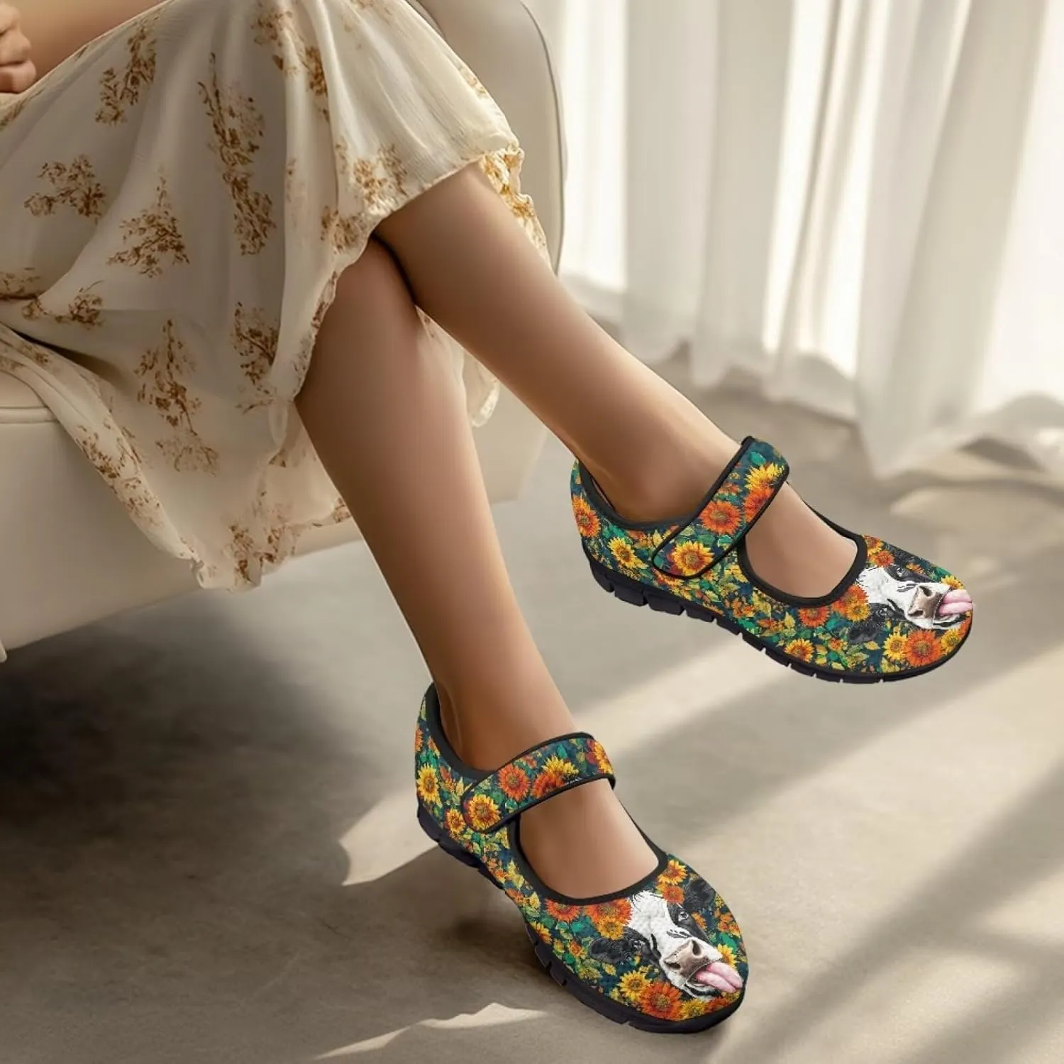 Women's Sunflower Print Mary Jane Sneaker Shoes Casual Lightweight Breathable Sneaker