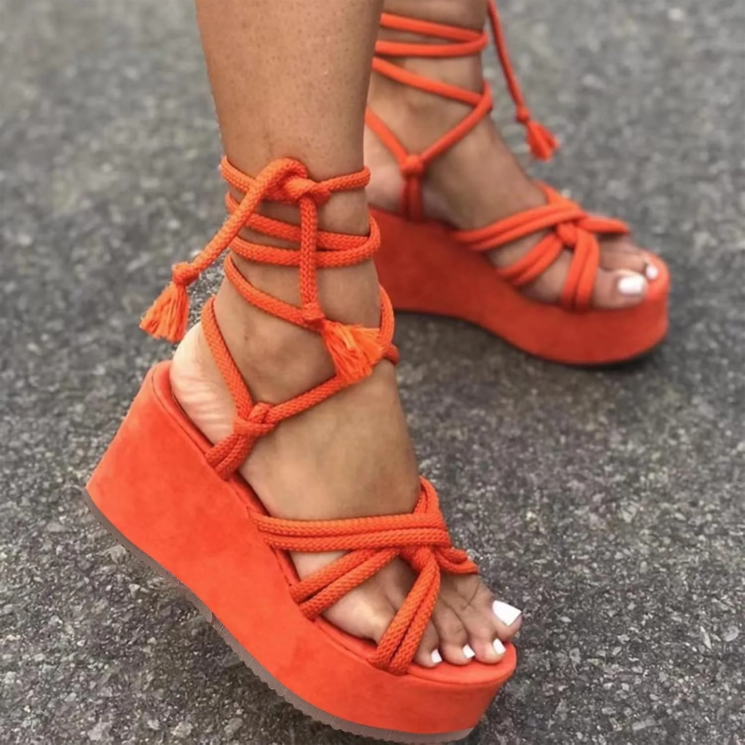 Women's Wedge Sandals Open Toe Summer Platforms Lace Up Comfortable Boho Sandals Slip On Dressy Walking Shoes