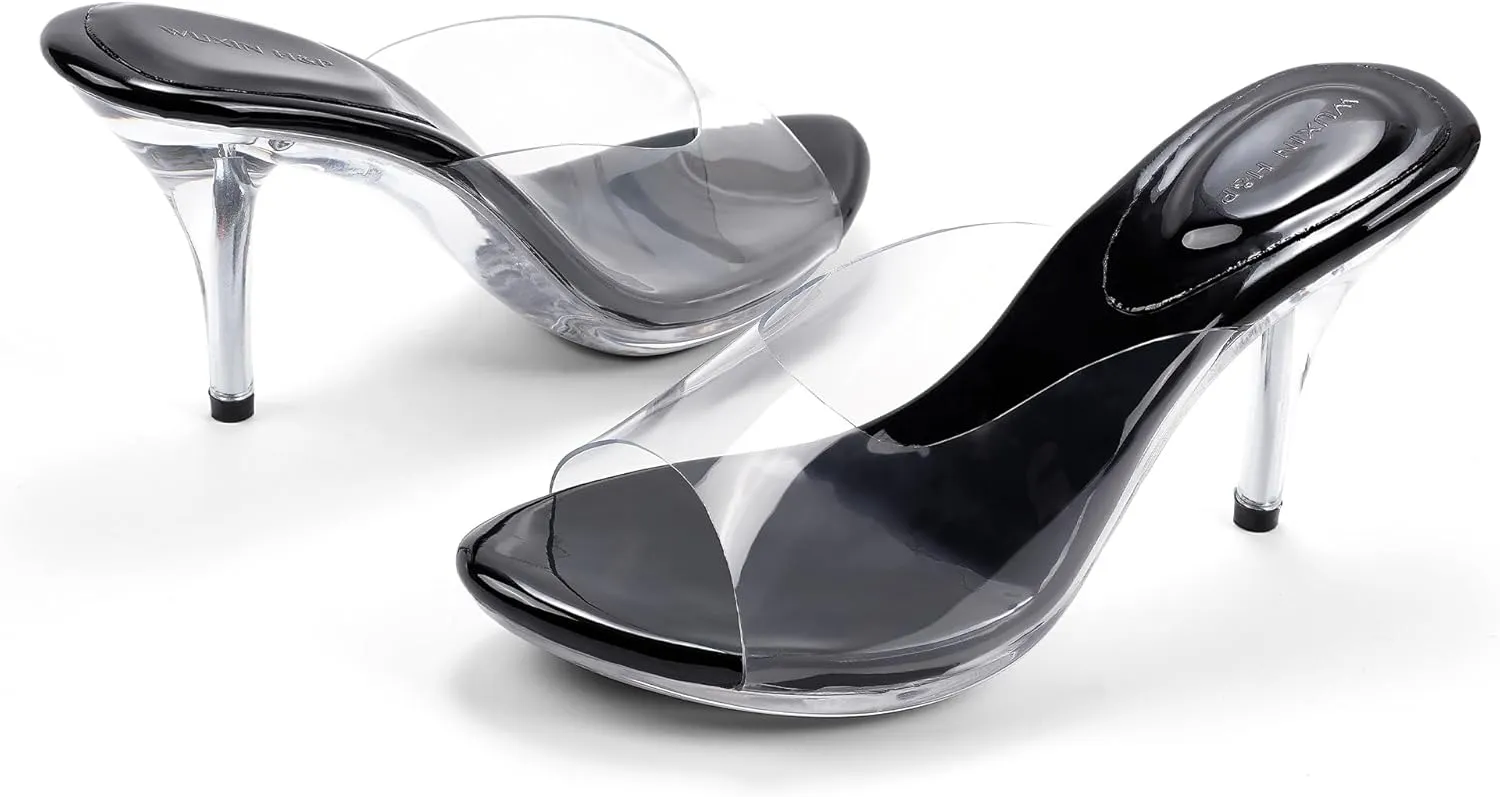 WUXIN H&P Women's Clear Heels Dress Shoes, Sexy Stilletos Platform Heels Transparent Strap, Open Toe High Silver Heeled Sandals Pump Mules