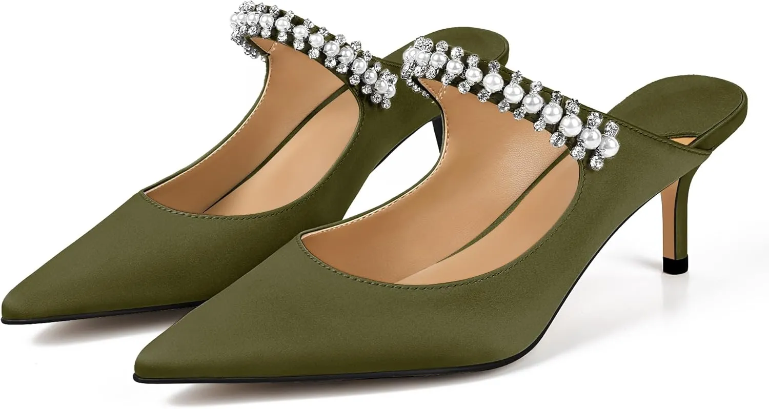 XINIUNIU Heeled Mules for Women Rhinestone Heels Pointed Toe Slip On 2.5 Inch Kitten Stiletto Closed Toe Sandals Dress Wedding Pump Shoes