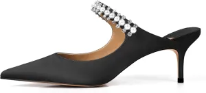 XINIUNIU Heeled Mules for Women Rhinestone Heels Pointed Toe Slip On 2.5 Inch Kitten Stiletto Closed Toe Sandals Dress Wedding Pump Shoes