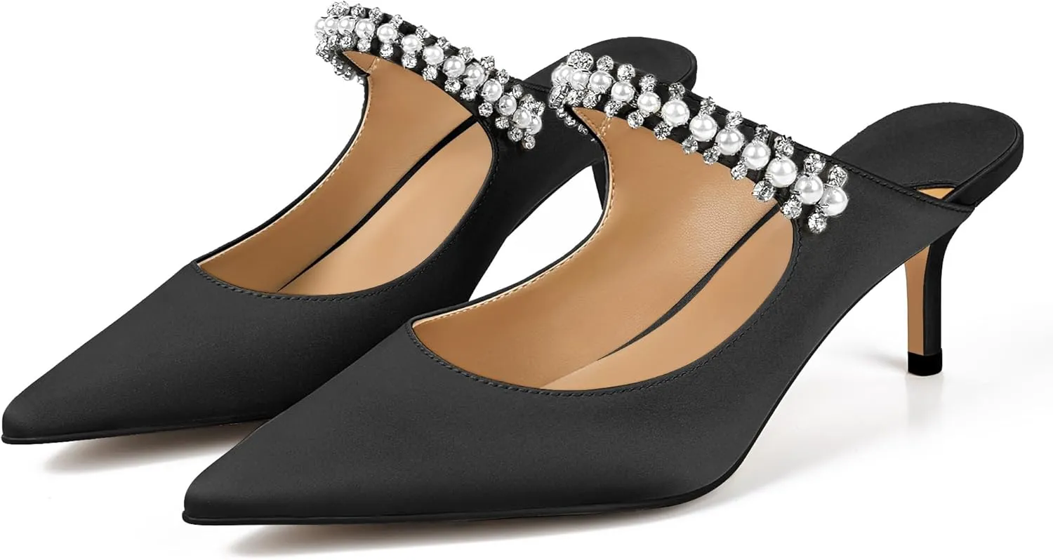 XINIUNIU Heeled Mules for Women Rhinestone Heels Pointed Toe Slip On 2.5 Inch Kitten Stiletto Closed Toe Sandals Dress Wedding Pump Shoes